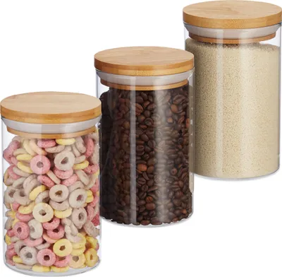 Produktbild von 6 x Vorratsdosen Glas, für Pasta, Reis, Müsli, Kaffeebohnen, Volumen 800 ml, HxD 16x9,5 cm, Bambus, natur