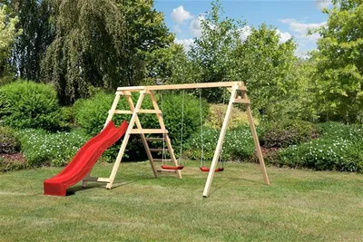 Produktbild von Doppelschaukel AKUBI Felix mit Klettergerüst und Rutsche rot
