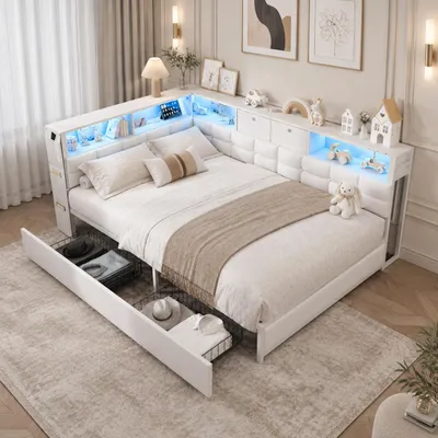 Produktbild von INONEFT Polsterbett Schlafsofa 140x200cm, Doppelbett mit LED und USB, Stauraumbett mit Kopfteil und Schubladen, Jugendbett, Bettgestell, Leinen, Weiß