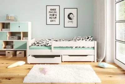 Produktbild von Kinderbett Lina 180x80 Kinderbett mit Rausfallschutz & Lattenrost weiß 80 x 180 für Mädchen und Jungen Massivholz Kiefer, ohne Matratze, mit Schubladen