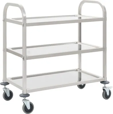 A three-tiered stainless steel serving cart with wheels.