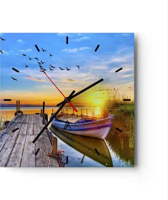 Produktbild von Wanduhr - Quadrat - Glasuhr - See Boot Wasser - 40x40cm - Schleichendes Uhrwerk - Lautlos - zum Aufhängen bereit - Dekoration Modern - Wanddekoration aus Glas - C3AC40x40-3983