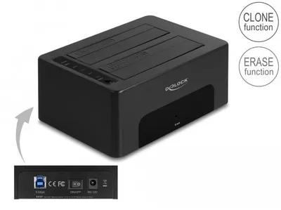 Produktbild von DeLOCK USB Dual Dockingstation für 2 x SATA HDD / SSD mit Klon- und Löschfunktion, HDD / SSD-Gehäuse, 2.5/3.5", SATA, 5 Gbit/s, USB Anschluss, Schwarz
