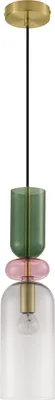 A pendant light fixture with colored glass elements.