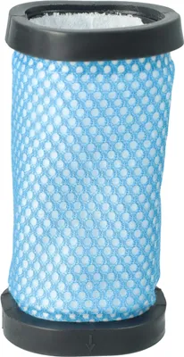 A vacuum cleaner filter photographed in isolation.