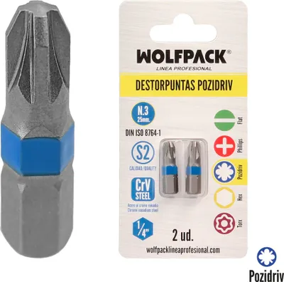 Produktbild von Wolfpack Destorpuntas Pozidriv Nº 3 (2 Piezas) Acero S2 al Cromo Vanadio