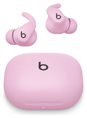 A pair of pink Beats by Dr. Dre Powerbeats Fit wireless earbuds and their charging case are displayed against a white background.