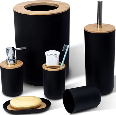 Produktbild von Badezimmer Set 6-tlg  Bambus Bad Zubehörset Toilettenset Lotionspender Mülleimer Zahnbürstenhalter Zahnputzbecher Toilettenbürste Seifenschale Retoo