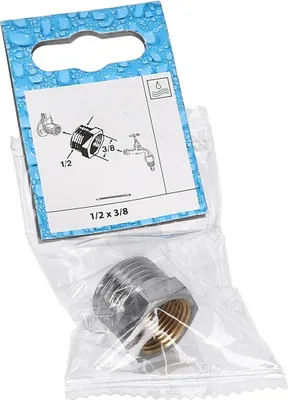 A product adapter is shown in its packaging, with an instructional diagram on the cardboard backing.