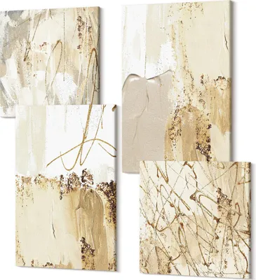 Produktbild von Leinwandbilder Mehrteilig 4-teilig – Modernes Design – Hochwertiger Polycanvas Kunstdruck – Wanddekoration & Wandkunst – Bilder für Zuhause – 2x 40x40 cm + 2x 40x60 cm – Abstrakte Muster in Beige- und Weißtönen
