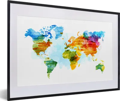 Produktbild von MuchoWow® Gerahmtes Poster Weltkarte - Aquarell - Regenbogen - Kinder - Jungen - Mädchen 60x40 cm - Poster mit Schwarzem Bilderrahmen Wandposter Rahmen Foto Bilder - Schlafzimmer - Plakat in Rahmen - Drucken