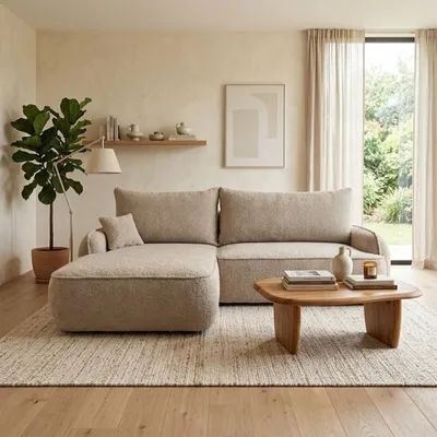 Produktbild von Modernes Bouclé-Ecksofa OVELLA mit Schlaffunktion, Bettkasten und DL-Automat – trendige L-Form Schlafcouch mit Paspelierung, Dunkelbeige Links