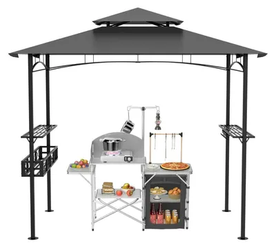 Image de Pavillon de jardin avec barbecue, dimensions 245 x 153 x 250 cm, imperméable, avec système d'évacuation de la fumée, protection UV, couleur grise