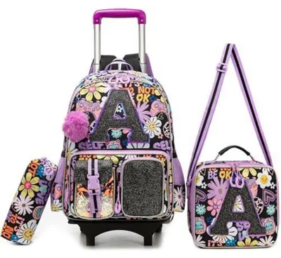 Image de Sac à dos à roulettes pour enfant, modèle fille, sac scolaire, ensemble, dimensions : 42 x 30 x 20 cm