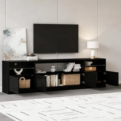 Obrázek produktu pro TV stolek, LED osvětlení, otevřená konstrukce, 4 dvířka, 8 úložných prostor, vysoký lesk, vhodný pro televizory o velikosti 75 palců, rozměry 180x35x60 cm