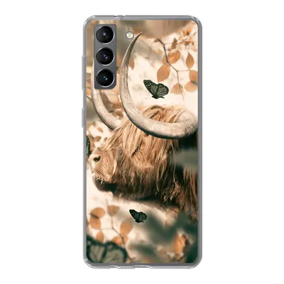 Produktbild von MuchoWow® Handyhülle Schutzhülle Hülle für Samsung Galaxy S21 Schottische Highlander - Schmetterlinge - Blätter Silikon Softcase Handy Hülle - Softcase
