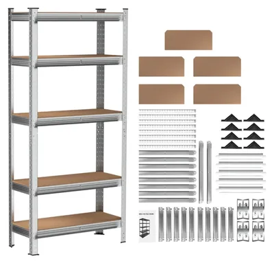 Obrázok produktu pre Kovový regál – regál na ťažké náklady, 5 políc – výška nastaviteľná, 75 x 30 x 170 cm – nosnosť 300 kg – vhodný do suterénu, garáže, dielne – kov/drevo