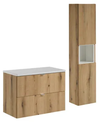 Produktbild von Badezimmer-Set VANO Eichen- und Weißoptik 110cm: Unterschränke mit Schubladen + Waschtischplatte + Hochschrank