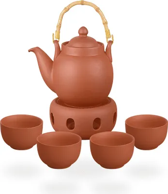 Produktbild von Tenno Teeservice / Teeset / Ton Teekanne mit Sieb 800ml, Stövchen und 4 Tassen je 130ml, handgefertigt