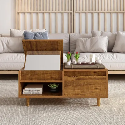 Produktbild von Couchtisch Braun 80x40x38cm mit Klappdeckel Stauraum modern minimalistischer Wohnzimmertisch mit Massivholzbeinen Spiegeloptik Kaffeetisch
