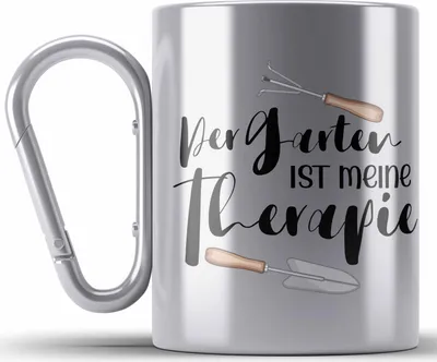 Produktbild von Trendation - Der Garten Ist Mein Therapie Edelstahl Tasse Karabiner für Gärtner Geschenk Mann Frau (Silber)