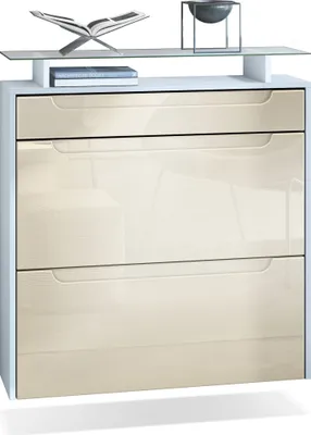 Produktbild von Vladon Schuhschrank Annie, Schuhkipper für 16 Paar Schuhe mit 2 Klappen, 1 Schublade und Glasablage, Weiß matt/Creme Hochglanz, Griffmulden in Creme Hochglanz (89 x 96 x 23 cm)