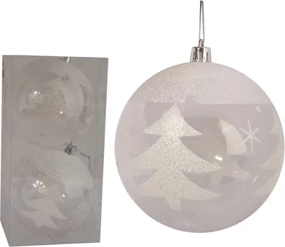Productafbeelding van Set van 2 transparante kerstballen met witte versiering, 10 cm