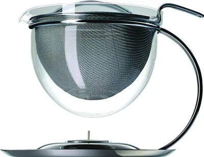 A clear studio shot of a glass teapot with a metal infuser and a matching stand.