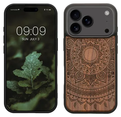 Produktbild von kwmobile Hülle kompatibel mit iPhone 17 Pro Hülle - Holz Case - Handy Cover - TPU Handyhülle in Dunkelbraun Indische Sonne