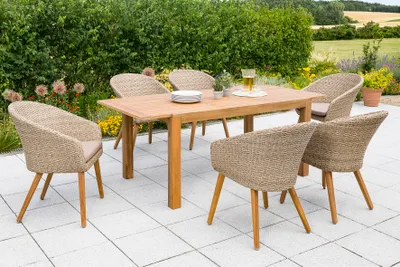 Produktbild von Merxx Gartenmöbelset "Arrone" 7tlg. - Aluminiumgestell mit Kunststoffgeflecht schilf/natur und Akazie, inkl. Kissen - 50436-255