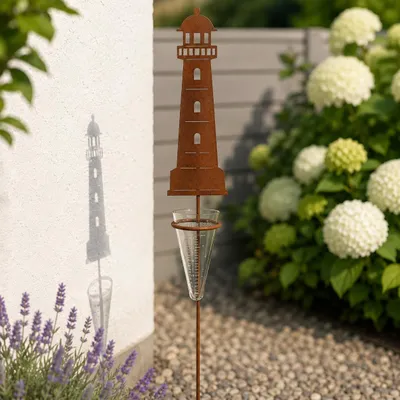 Produktbild von Edelrost Leuchtturm mit Regenmesser Gartenstecker – 115 cm – maritime Gartendeko Rostdeko Geschenk für Gartenliebhaber