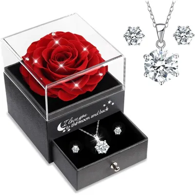 Productafbeelding van Eeuwige roos met ketting en oorbellen, gemaakt van 925 sterling zilver, rood met kristal