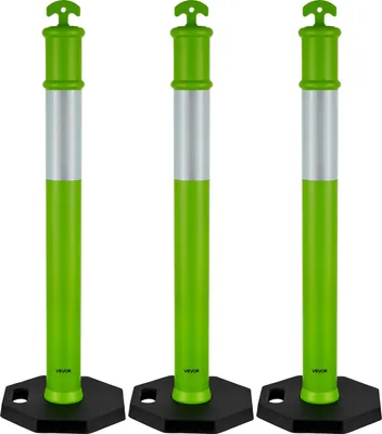 Zdjęcie produktu dla Ogranicznik ruchu VEVOR 3 sztuki (114 cm) z obciążoną podstawą i paskami odblaskowymi, ogranicznik na place budowy, parkingi, słupki odgradzające do kontroli tłumu, zielony