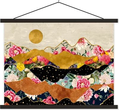 Produktbild von MuchoWow® Textilposter Gold - Blumen - Druck - Abstrakt - Landschaft - Muster 150x113 cm mit schwarzem Rahmen - Wohnzimmer