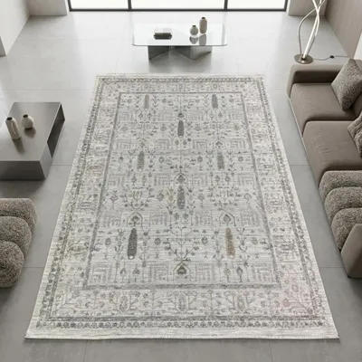 Produktbild von Teppich Creme mit floraler Ornamentik, Fransen und modernem Design Größe - 160 x 230 cm