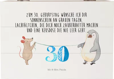 Produktbild von Mr. & Mrs. Panda Kiste 30. Geburtstag Maus Pinguin 22 x 15 cm - Weiß - Geschenk, holzschatulle, Happy Birthday, Holzkiste mit Deckel, Party, Schatzkiste, Truhe, Kuchen