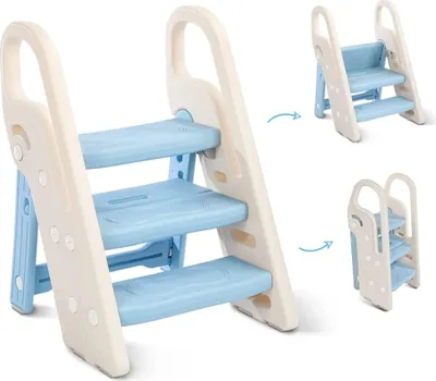 Produktbild von Onasti Tritthocker für Kinder, 2 Stufen - 3 Stufen Höhenverstellbar Kinderschemel, Trittschemel für Baby, Lernturm mit Handhaben, Faltbar, Multifunktional, für Bad, Kleinkinderzimmer, Küche Blau