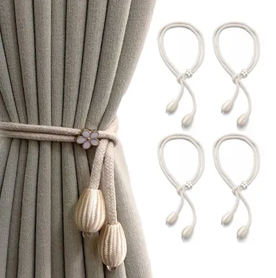 Produktbild von 4 beige Raffhalter, verstellbares Gardinenband, Wandgardinenhalter, Boho-Gardinenclips für Kinderzimmer, Büro, Schlafzimmer, 100 cm