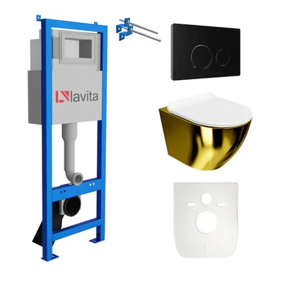 Produktbild von Lavita LAV 101 Vorwandelement für WC 40cm + Wand Hänge Tiefspül WC SOFI SLIM GOLD/WHITE Spülrandlos + Bedienplatte LAV 200.4.4 Schwarz | Komplettset | Unterputz Spülkasten | Toilette Komplett Sett