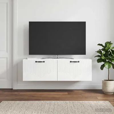 Zdjęcie produktu dla Maison Exclusive – wisząca szafka pod telewizor, biała, z połyskiem, 98 x 31 x 30 cm