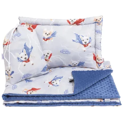 Produktbild von Decke und Kissen für Kindergartenkinder – Kindergarten-Bettwäsche-Set – Super Puppy Blue & Navy Blue Minky