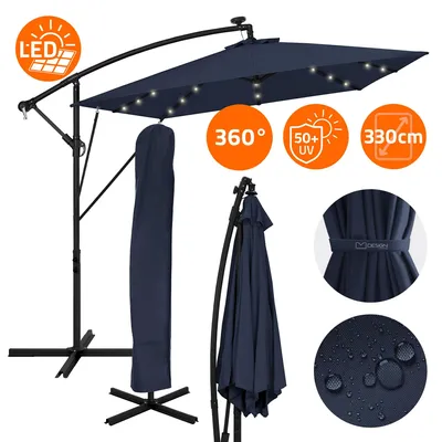 Produktbild von ML-Design Ampelschirm Ø330cm mit LED Solar Navy-Blau Alu Sonnenschirm mit Kurbel Abdeckung & Ständer Sonnenschutz & wasserabweisend drehbar & neigbar