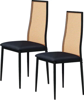 Produktbild von 2er-Set Hochlehner Küchenstühle mit Rattanlehne & Kunstleder, Schwarz