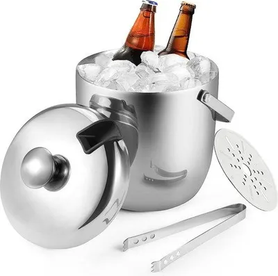 Produktbild von Unyqoos® 3 l Eiseimer Edelstahl, doppelwandig, mit Deckel & Zange, BPA-frei – hält Eis bis zu 9 Std. bei 26 °C, kondensationsarm, ideal für Party