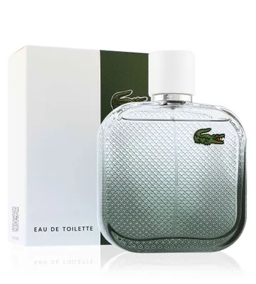A bottle of Lacoste L.12.12 Blanc Eau Intense Edt Spray and its packaging are displayed against a white background.