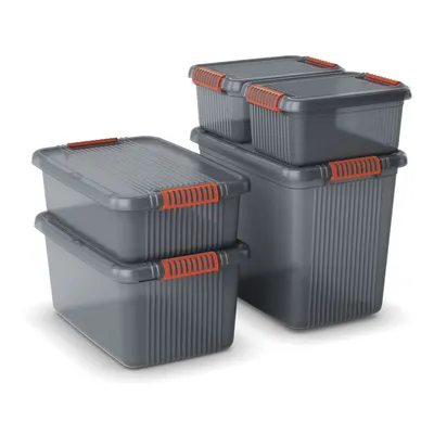 A set of gray storage boxes with orange handles are neatly stacked and arranged against a white background.