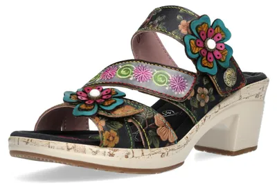 Produktbild von Laura Vita Damen Pantolette Boho mit Blütenapplikationen aus Leder Beao 15, Größe:39 EU, Farbe:Schwarz