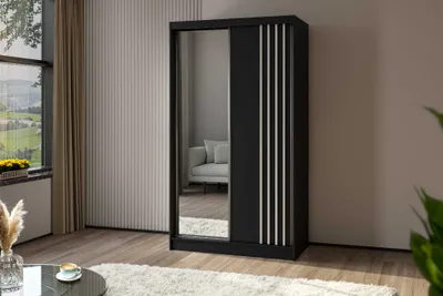 Produktbild von AGMAT Schwebetürenschrank Lugo, Kleiderschrank mit 2 Türen und Spiegel, Moderne Garderobe in Farbe: Schwarz / Schwarz, Schrank in Größe: 120 x 216 x 61 cm