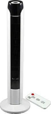 A white and black tower fan with a remote control.