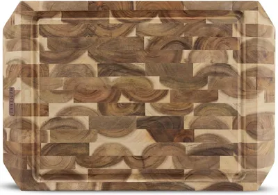 Produktbild von Schneidebrett aus Akazienholz, 45x30x4 cm, mit Stirnholz, Saftrille und rutschfester Unterseite, für die Küche